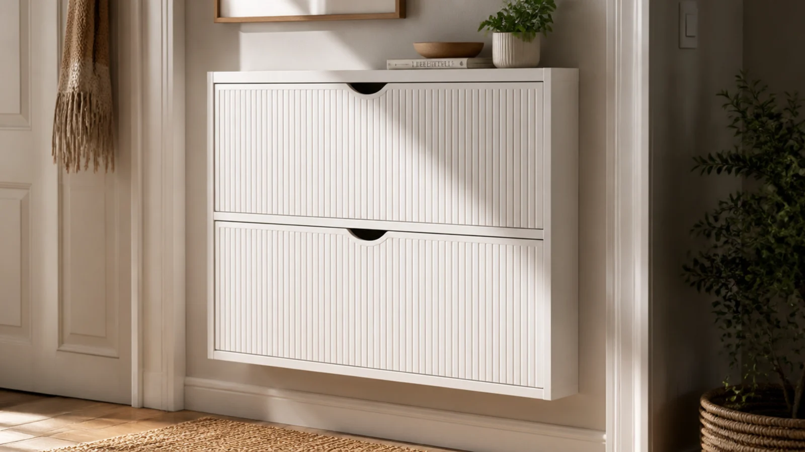 A slim white wall-mounted cabinet with two flip-down front doors, mounted flat against a narrow hallway wall.