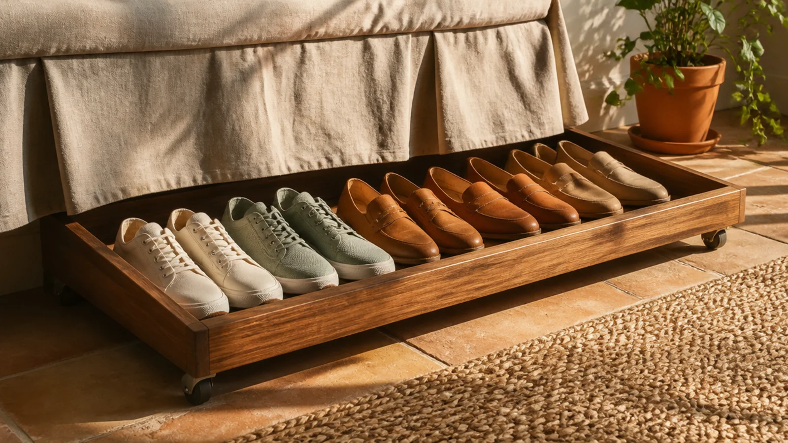 A low wooden tray on casters holding six pairs of shoes, sliding out from under a bed with a linen skirt.