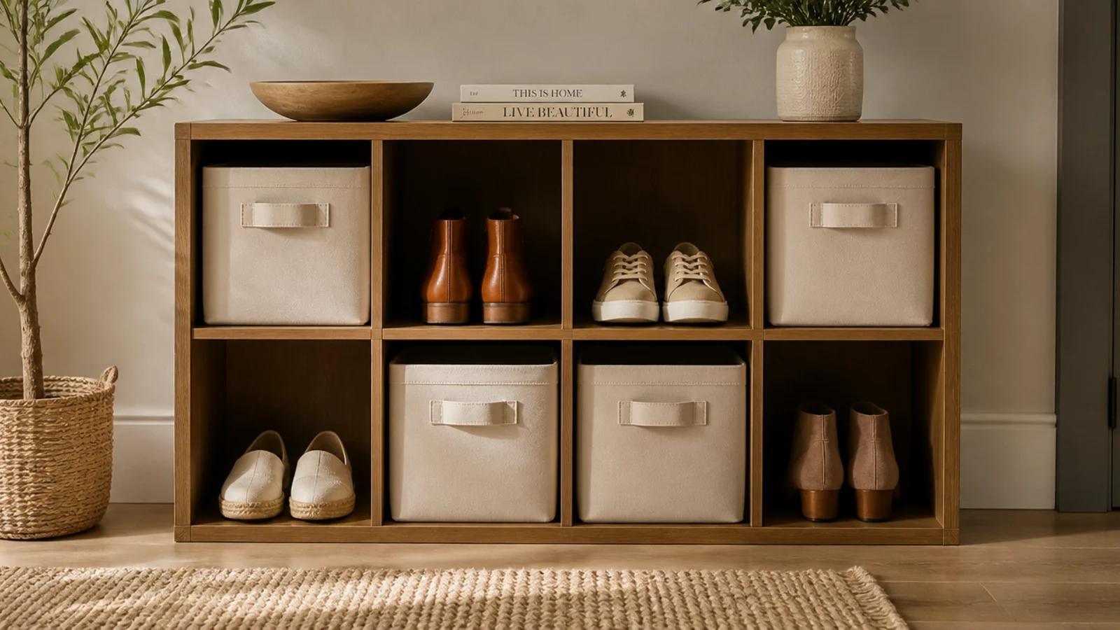 A four-by-two grid cube shelf against a wall, some cubbies holding shoes and others holding fabric bins.