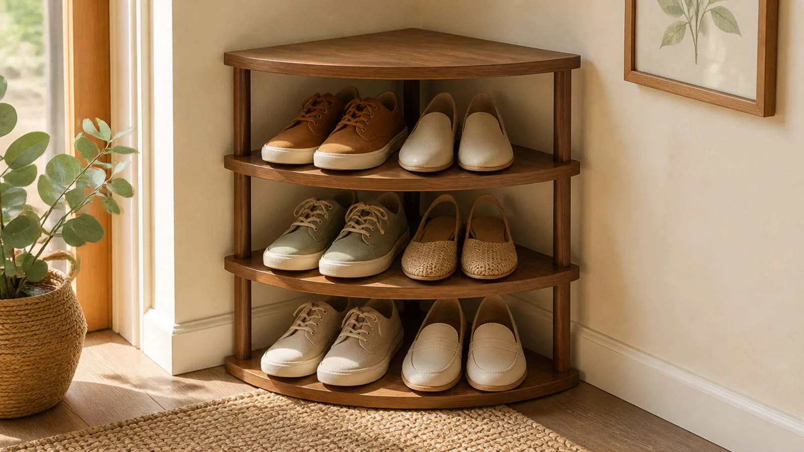 A triangular three-tier shoe rack tucked into the corner of a room, each tier holding two pairs at an angle.