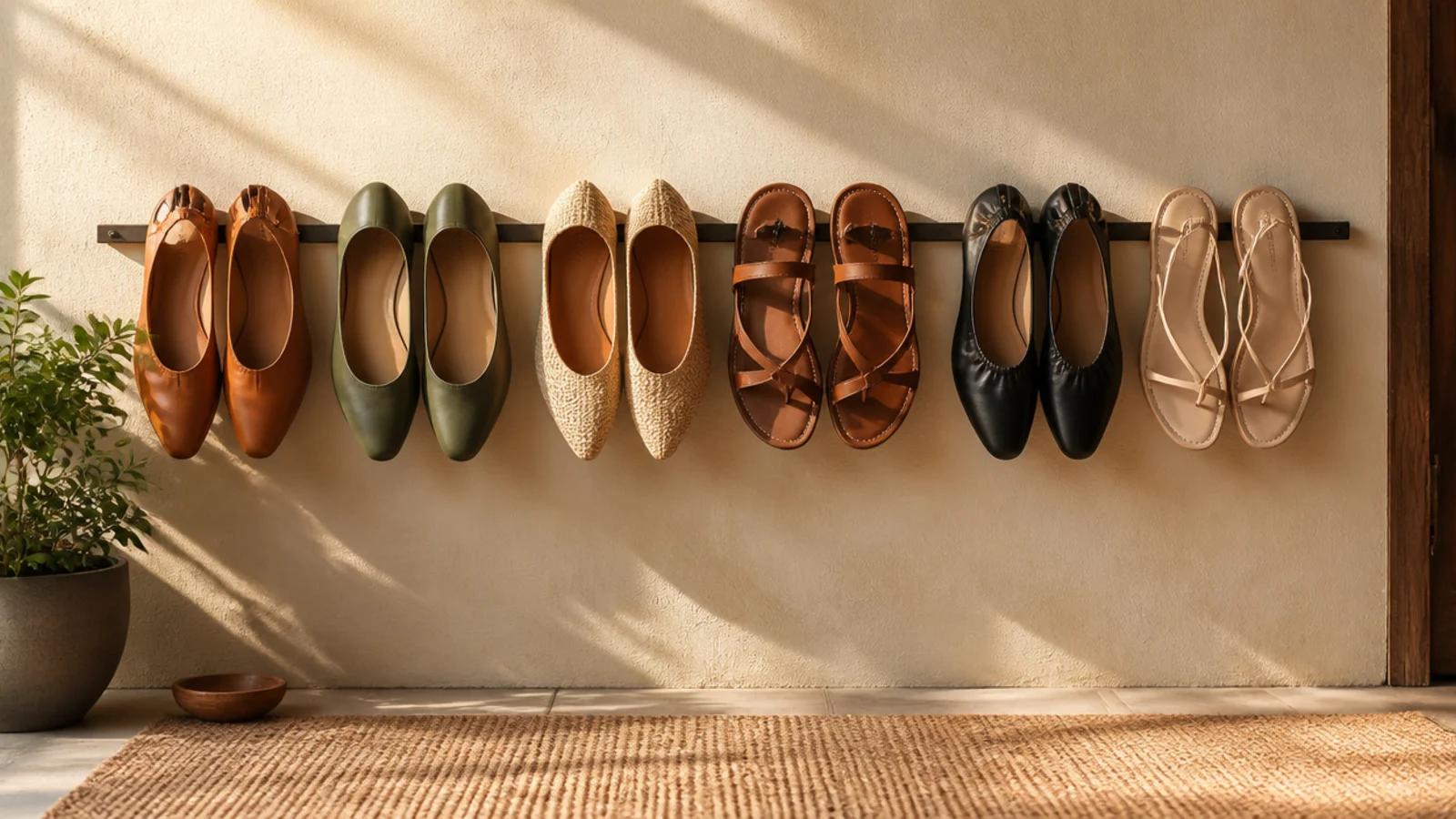 A slim metal picture rail mounted on a wall with flats and sandals hooked over it by their backs in a neat row.