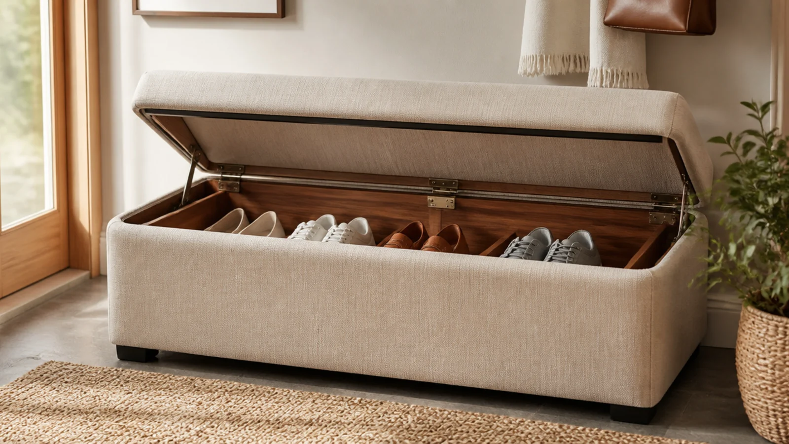 A cushioned entryway bench with a lift-up lid open to reveal shoes stored inside the seat.