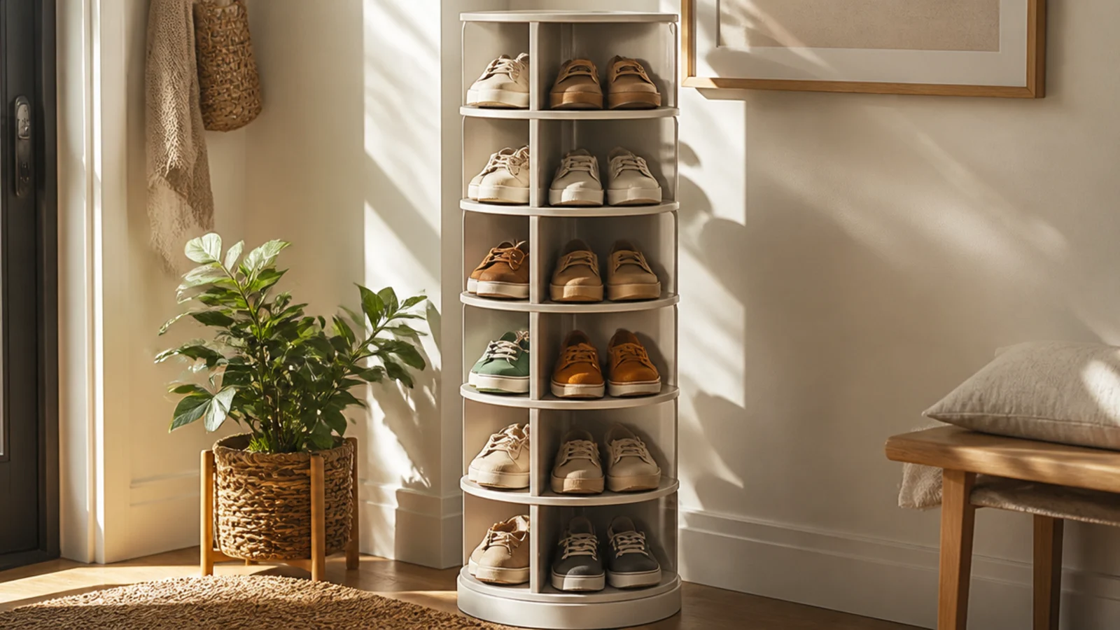 A tall narrow rotating shoe tower with stacked round tiers holding many pairs in a small circular footprint.