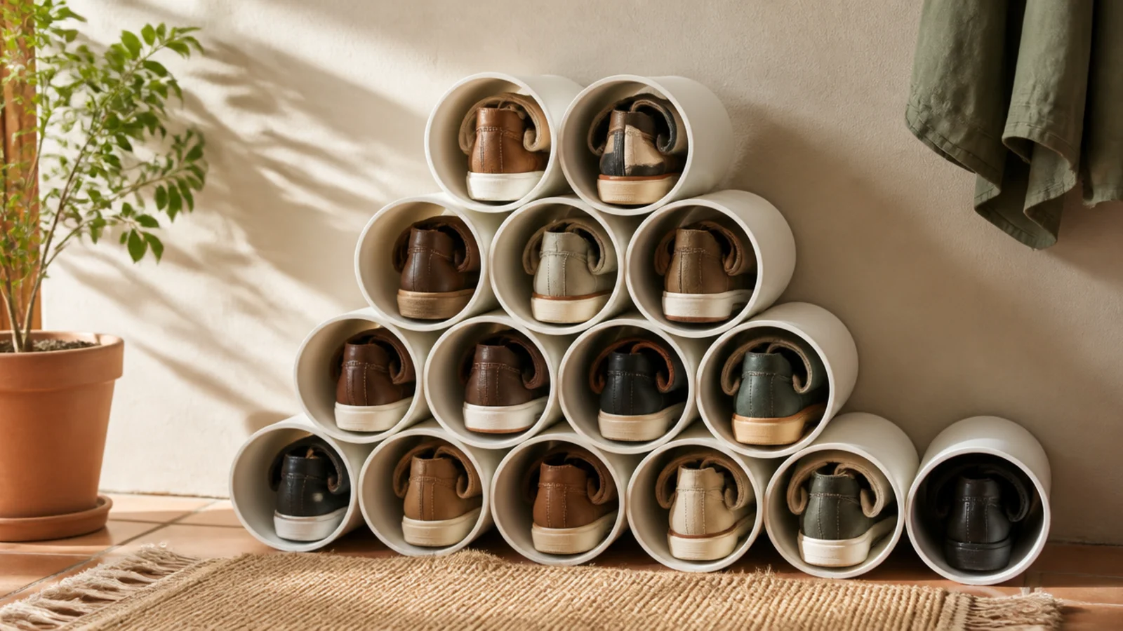 A cluster of short white PVC pipe sections bundled together, each tube cradling a rolled or tucked pair of shoes.