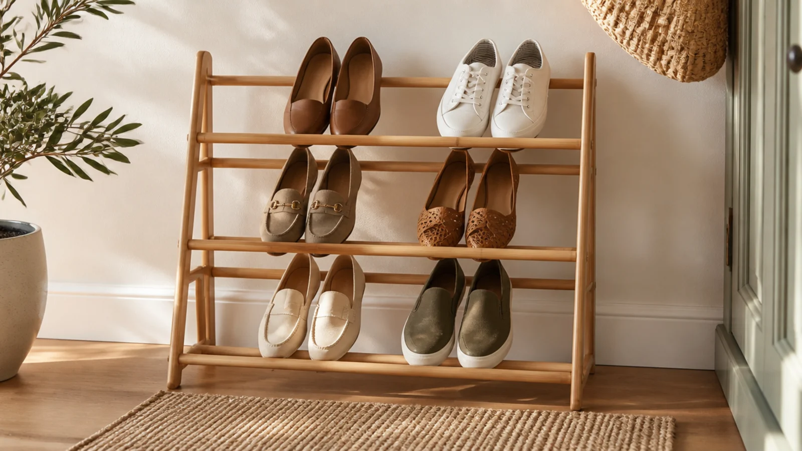 A light bamboo shoe rack with three slanted dowel tiers holding shoes toe-down against a bright wall.