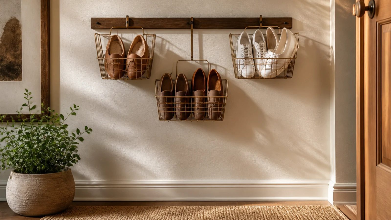 Three wire baskets hung on a wall rail at different heights, each holding a small pile of shoes off the floor.