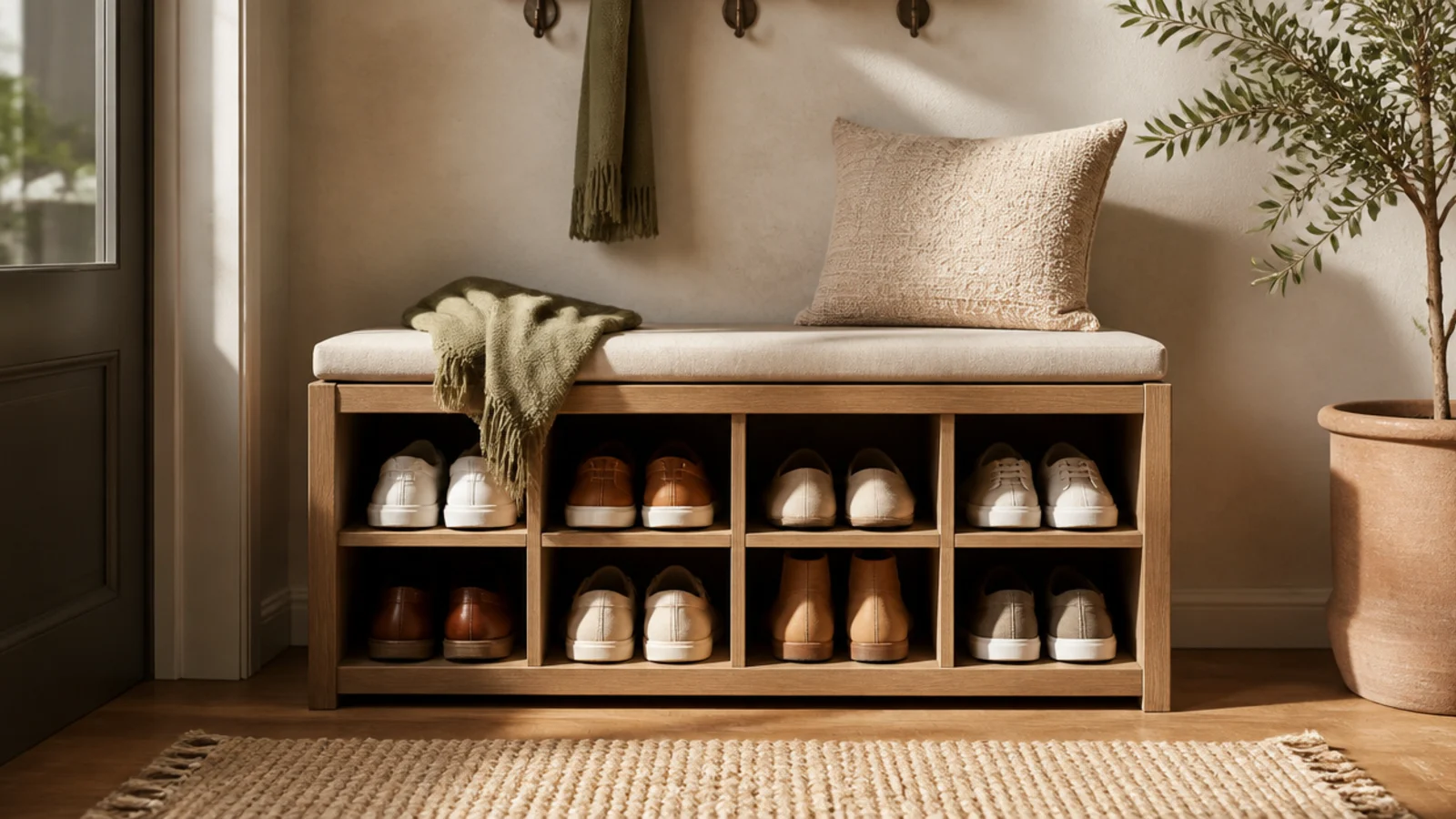 A compact bench with open shoe cubbies below the seat and two coat hooks mounted on the wall above it.