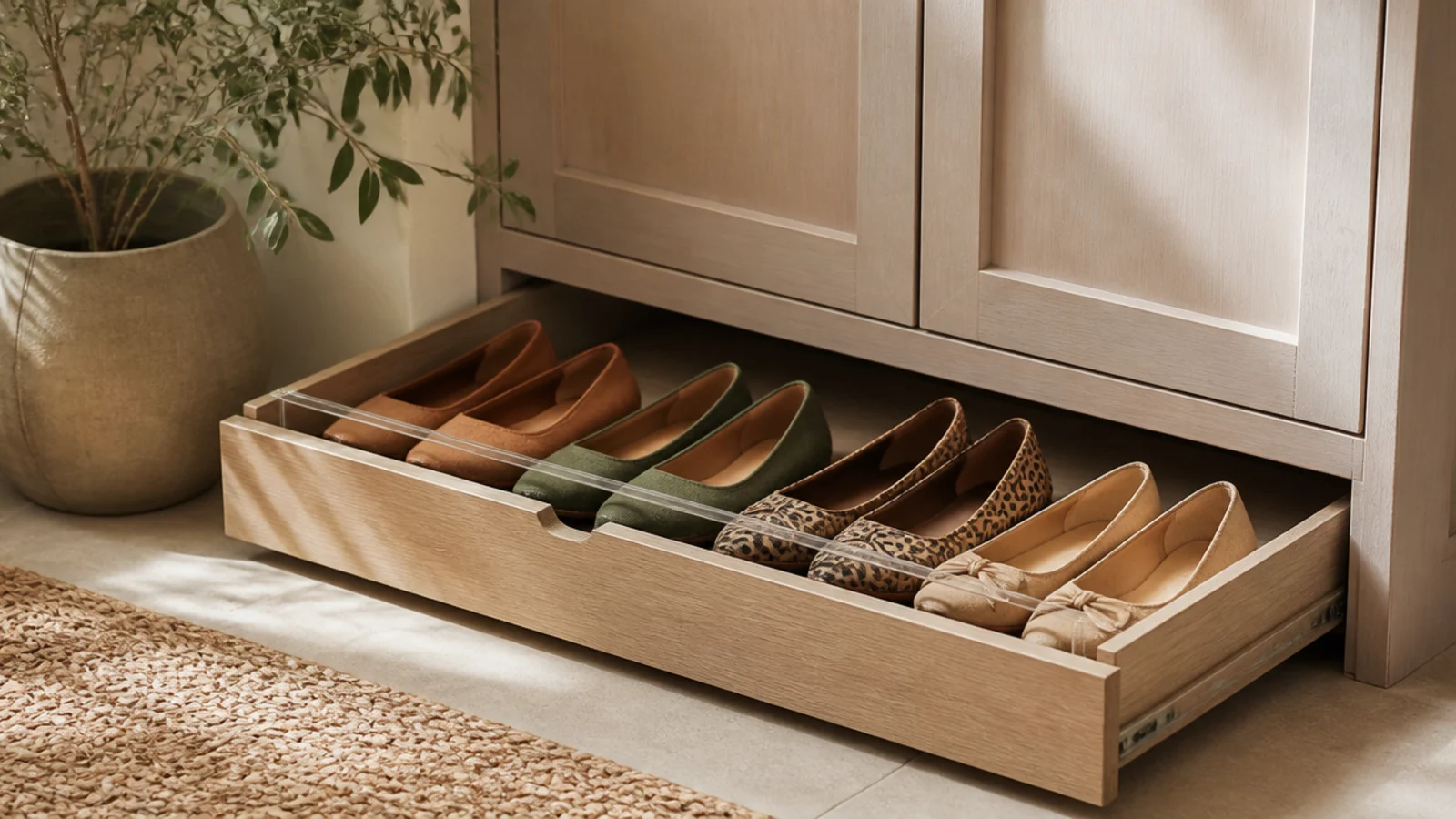 A shallow pull-out drawer built into the toe-kick space beneath a kitchen or hallway cabinet, holding flat shoes.