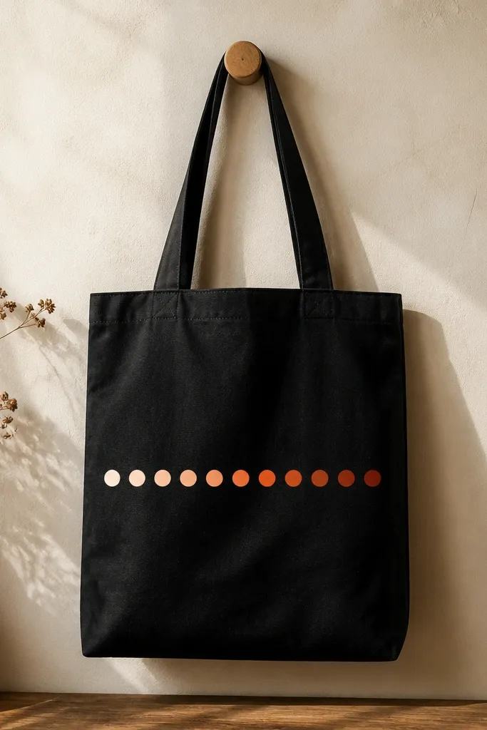 A black tote with a single row of evenly spaced dots across the center, transitioning from pale peach to bright orange to deep rust.