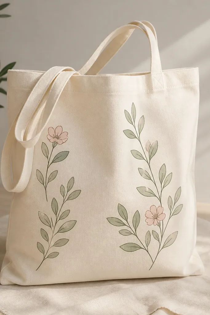 A cream tote featuring small sprigs of leaves and two tiny flowers, outlined in dark green and filled with soft muted sage and blush.