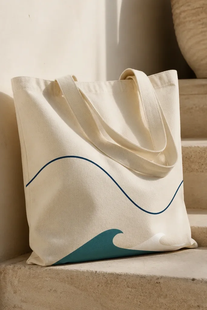 A natural tote with a single flowing wave line drawn in navy ink, plus two small filled wave shapes in teal and white near the bottom.