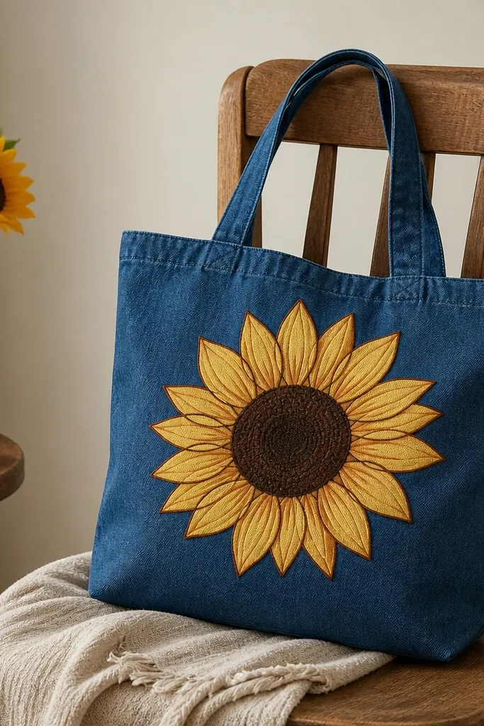 A denim-blue tote showing a sunflower with a dark brown center and bright yellow petals, each petal outlined in a darker yellow-brown.