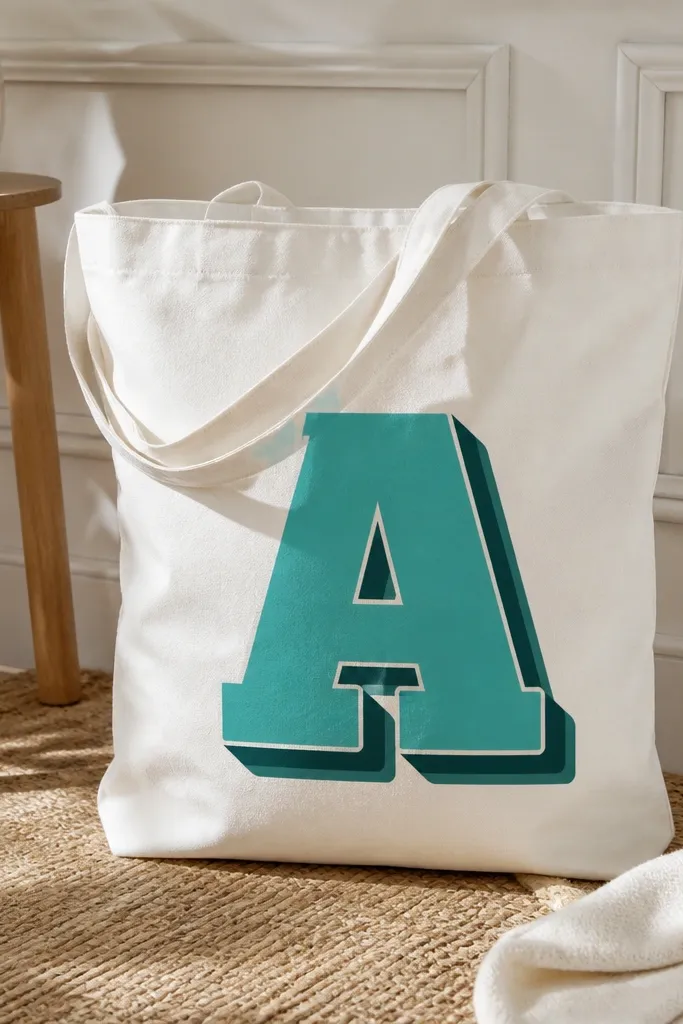A white tote featuring large block letters in teal with a darker teal shadow offset down-right, like a sticker effect.