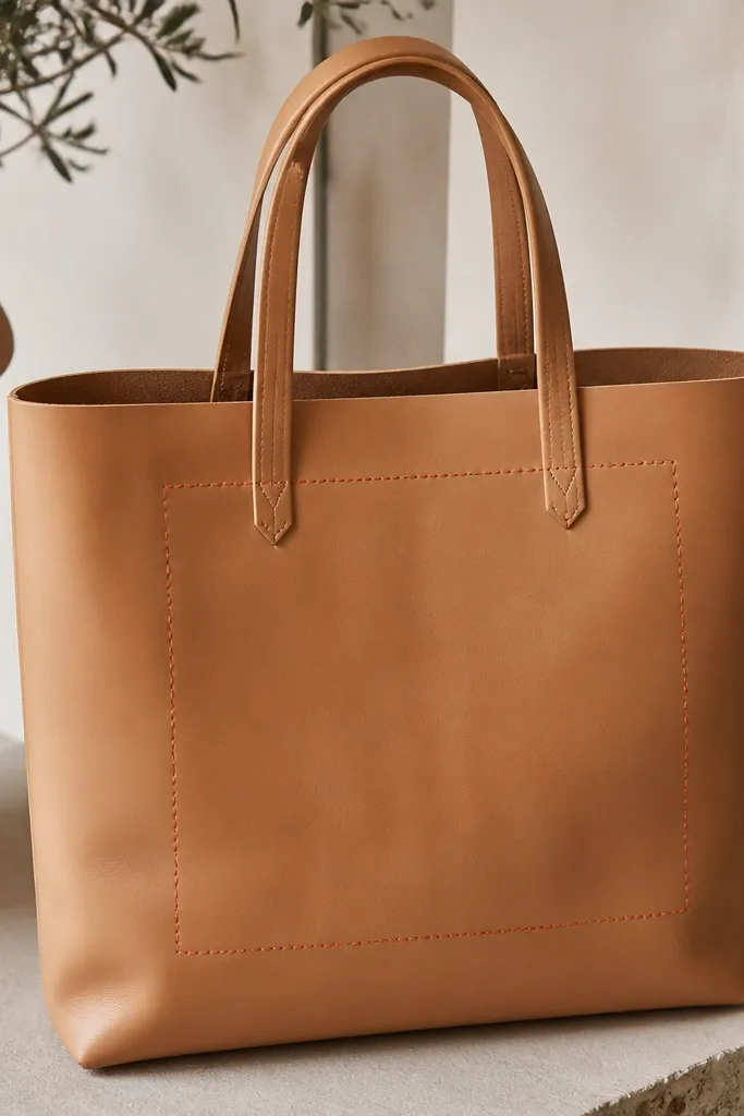 A tan tote with a rectangle outline and small dashed lines like stitching, in red paint with a darker red second pass.