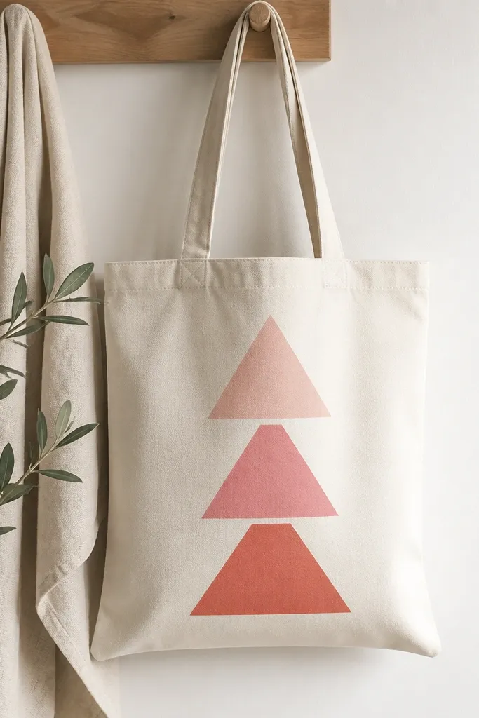A cream tote with three stacked triangles in varying pink and coral tones, separated by thin white tape gutters.