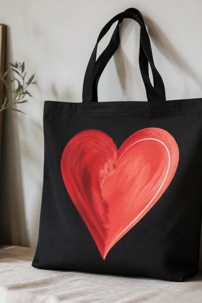 A black tote with a large heart painted in red and coral, with a thin white curved highlight line along the right side of the heart.