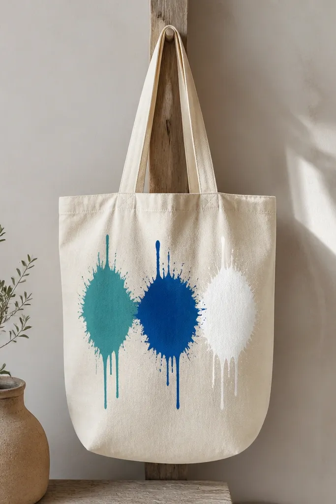A natural tote with three abstract paint splashes: teal, cobalt, and white, each with a few controlled drip streaks above and below.