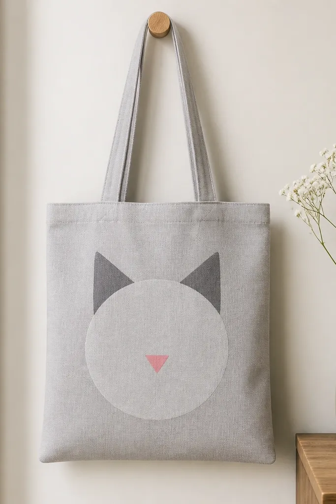 A light gray tote with a cute cat face made of three shapes: two ear triangles, a round head, and a small pink nose triangle.
