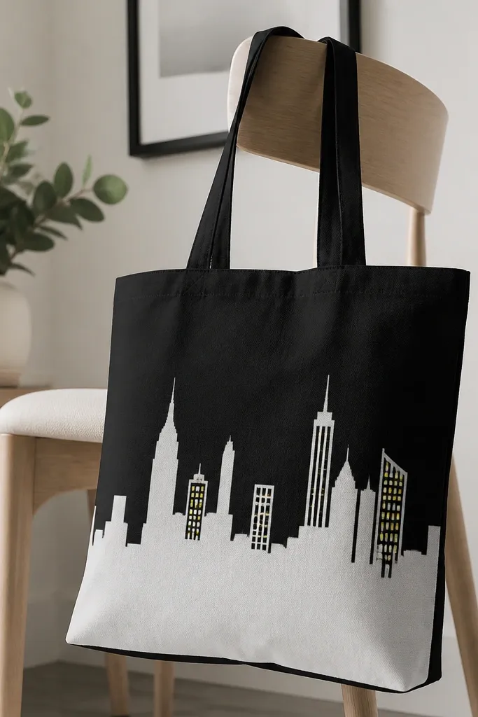 A black tote with a white city skyline silhouette, plus a few windows painted in yellow inside select buildings.