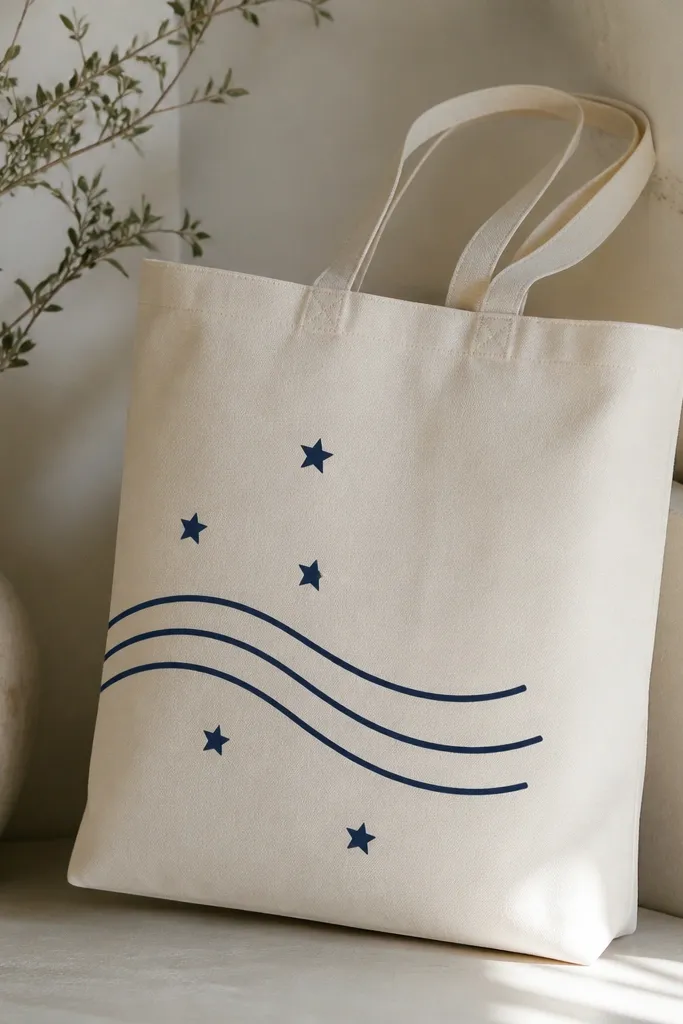 A cream tote with three simple wave lines and five small stars, all in navy paint, arranged diagonally across the front panel.
