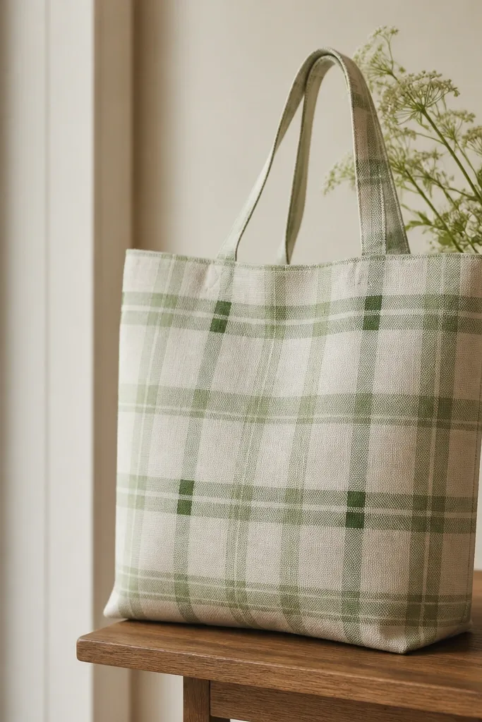 A light tote with a plaid pattern in muted green and cream, with cross lines forming a tidy grid and small intersections filled in darker green.