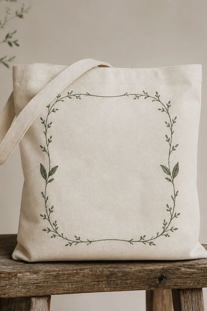 An off-white tote with a thin botanical vine frame around an empty center space, drawn in dark green, with two small leaves on each side.