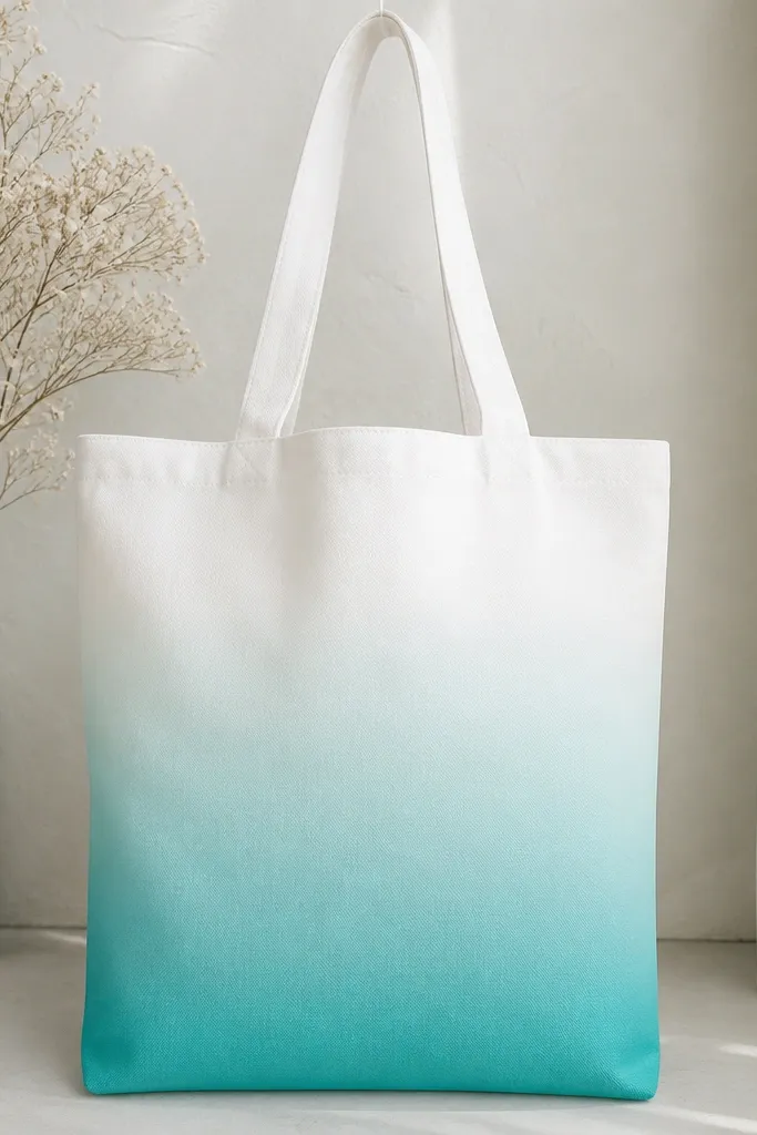 A white tote with a smooth ombre fade from bright teal at the bottom to near-white at the top of the painted area.