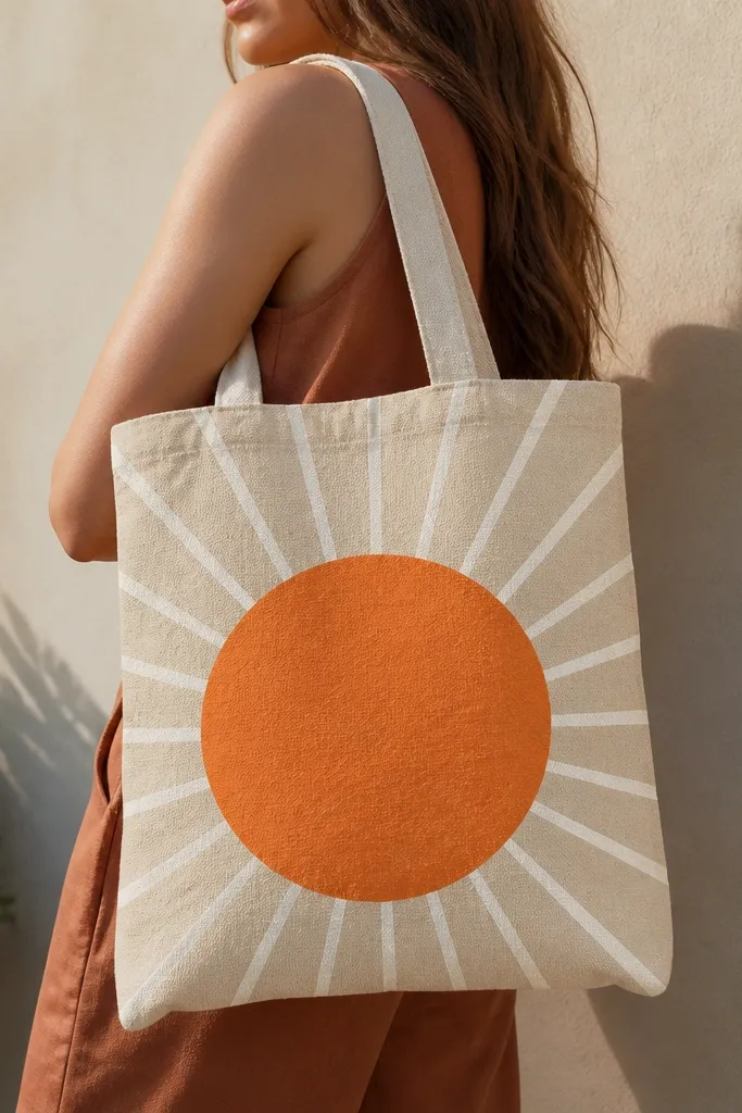 A natural tote with a large orange sun disc painted in a circle, and simple rays left as negative space lines radiating outward in a lighter color.