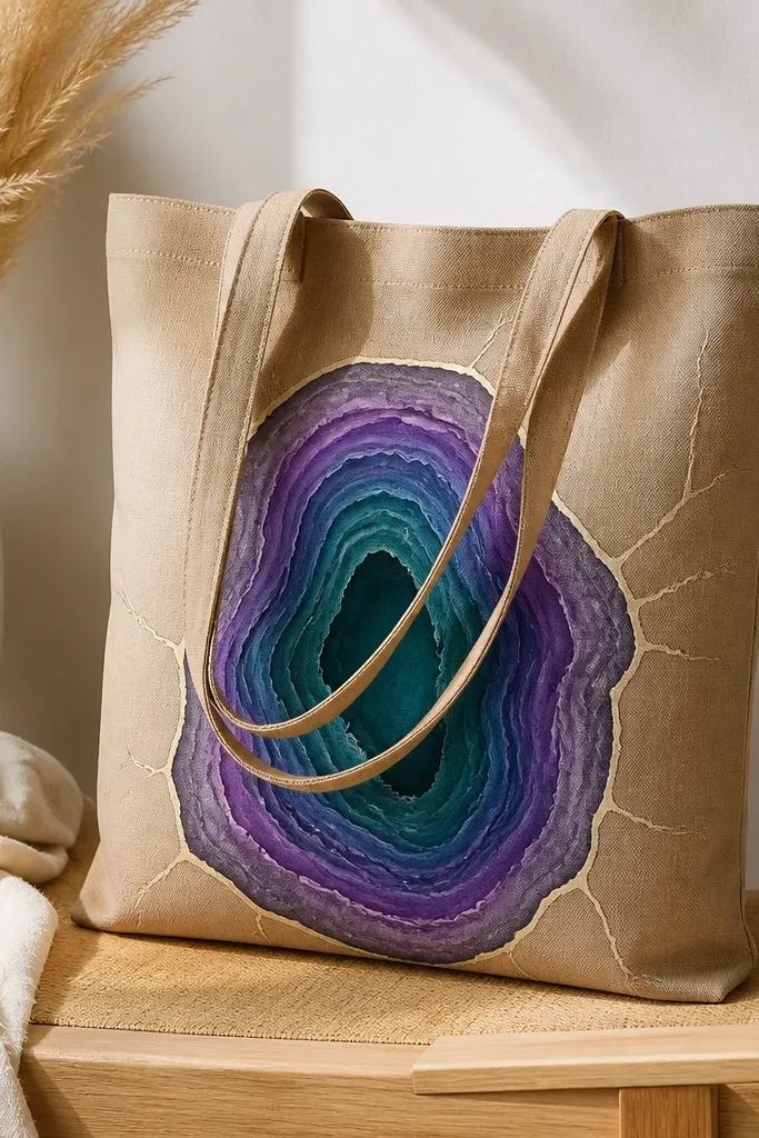 A tan tote with a purple geode shape outlined by pale crack lines, filled with layered teal and violet gradients.