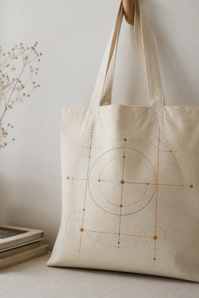 A cream tote with a faux technical diagram: dotted circles, straight measurement lines, and small filled nodes in orange and gray.