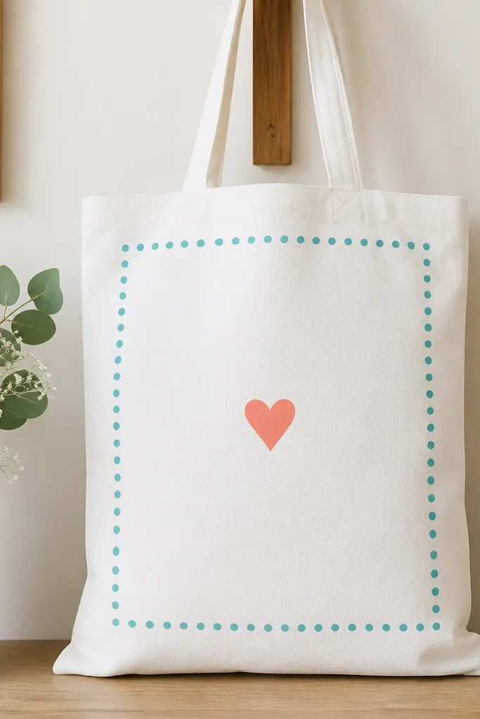 A white tote with a dotted border frame in teal, surrounding a single small heart icon in coral at the center.