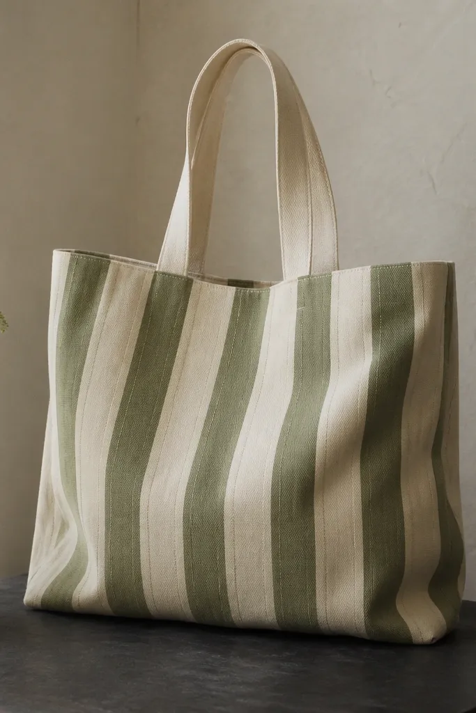 A light tote with evenly spaced vertical stripes in muted olive and cream, with a few thin marker lines guiding the paint edges.