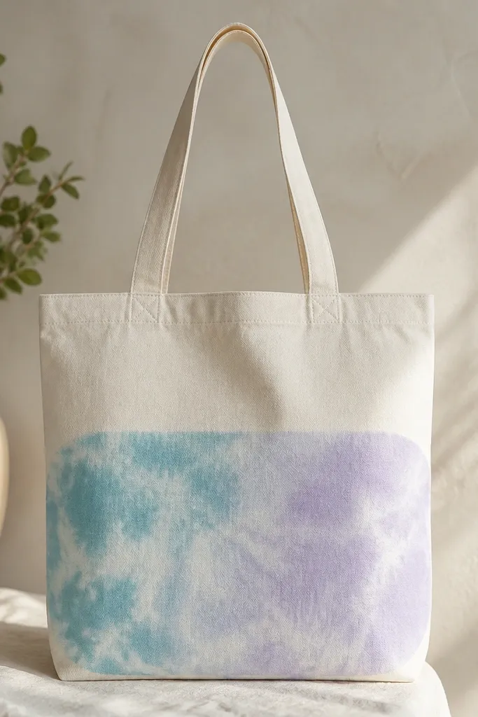 A cream tote with a tie-dye look in blocks: soft teal and lavender blended in a rounded rectangle stencil area near the bottom.