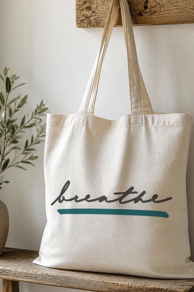 A tote with one long handwritten word in dark charcoal, with a thick teal underline like a highlight bar.