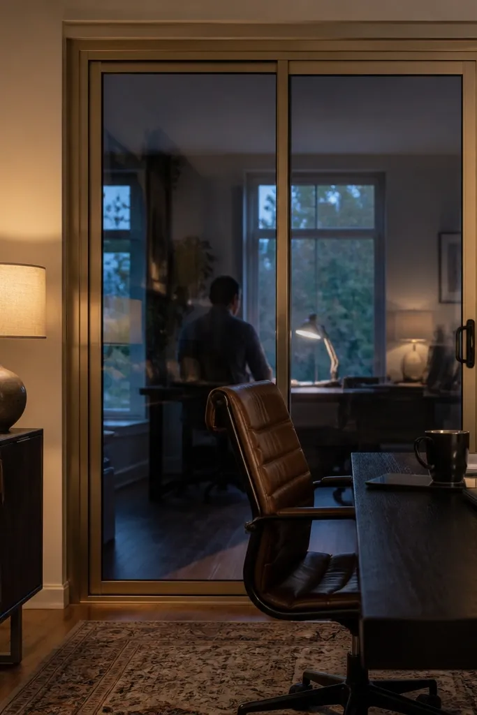 Clear glass sliding door panel with visible reflections and faint outline silhouettes behind