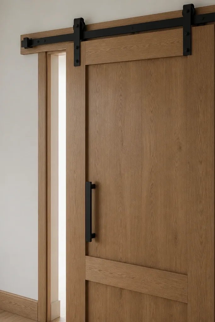 Wood sliding barn door panel stopping short of covering a doorway opening