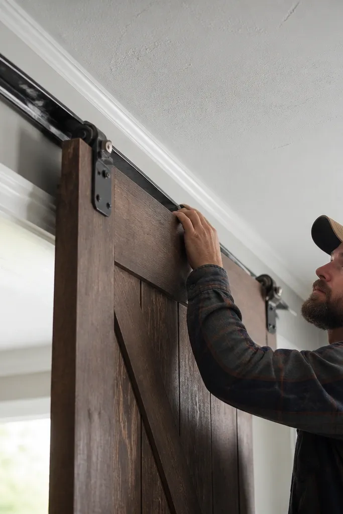 Thin metal track holding a heavy wood sliding door with sagging line