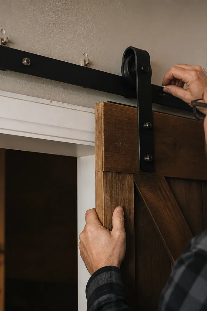 Door track mounted only into drywall with visible screw heads and no framing marks