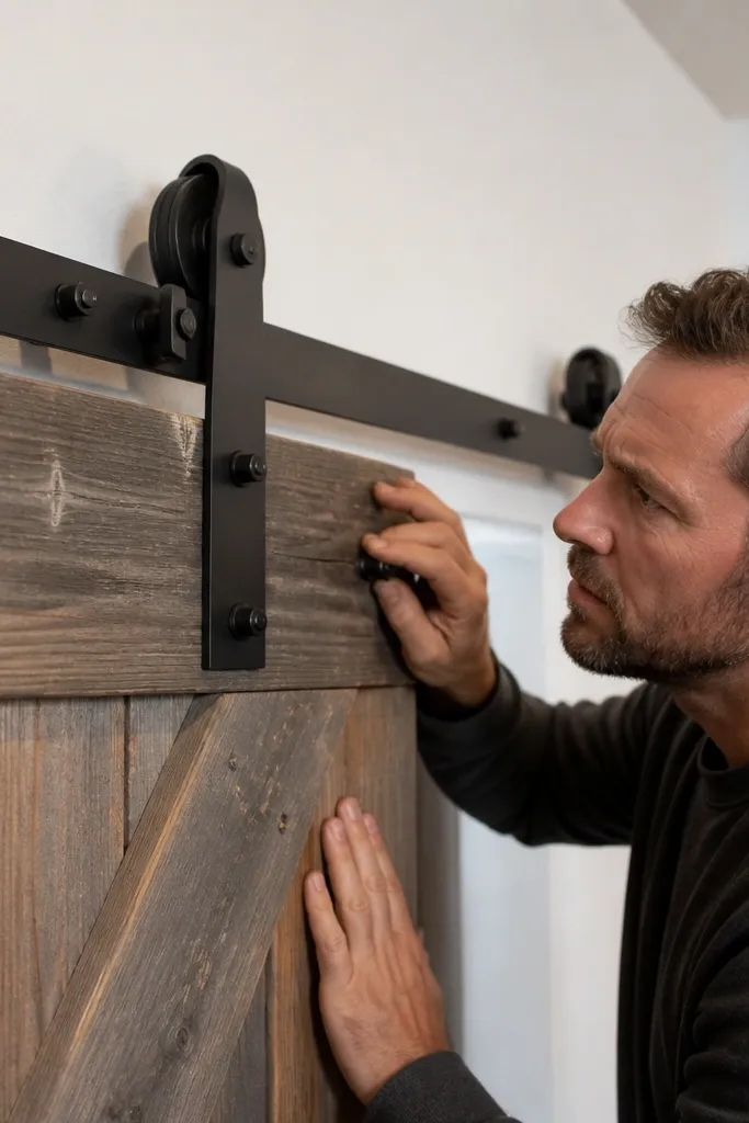 Barn door hardware attached with small screws that look undersized for the load
