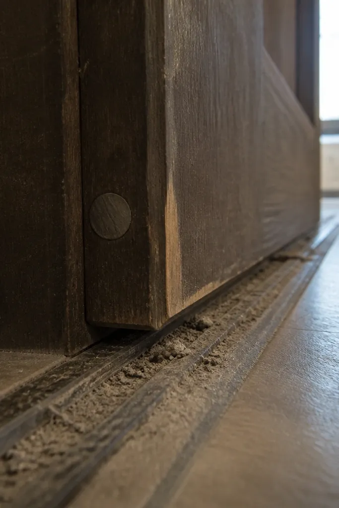 Bottom floor track with visible dust and debris buildup