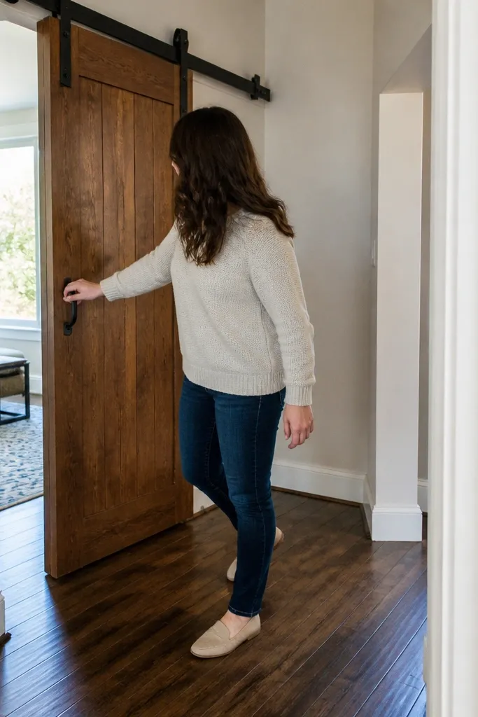 Door panel blocks hallway when fully slid open