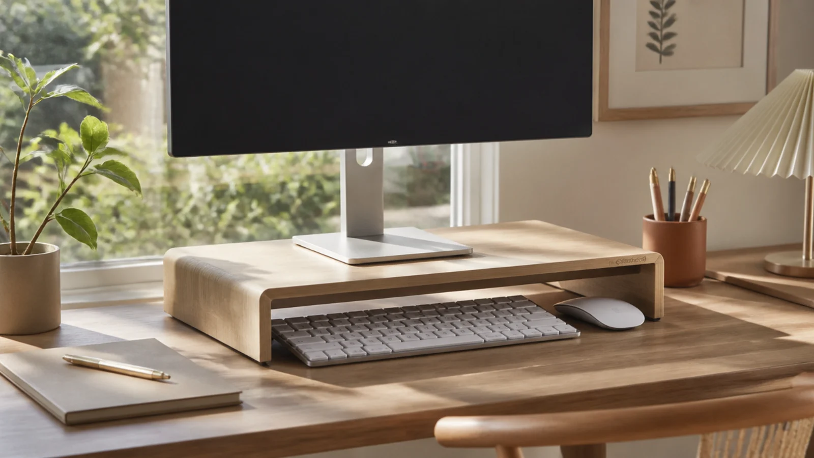 A compact monitor riser on a small desk lifting the screen, with the keyboard slid into the space beneath it.