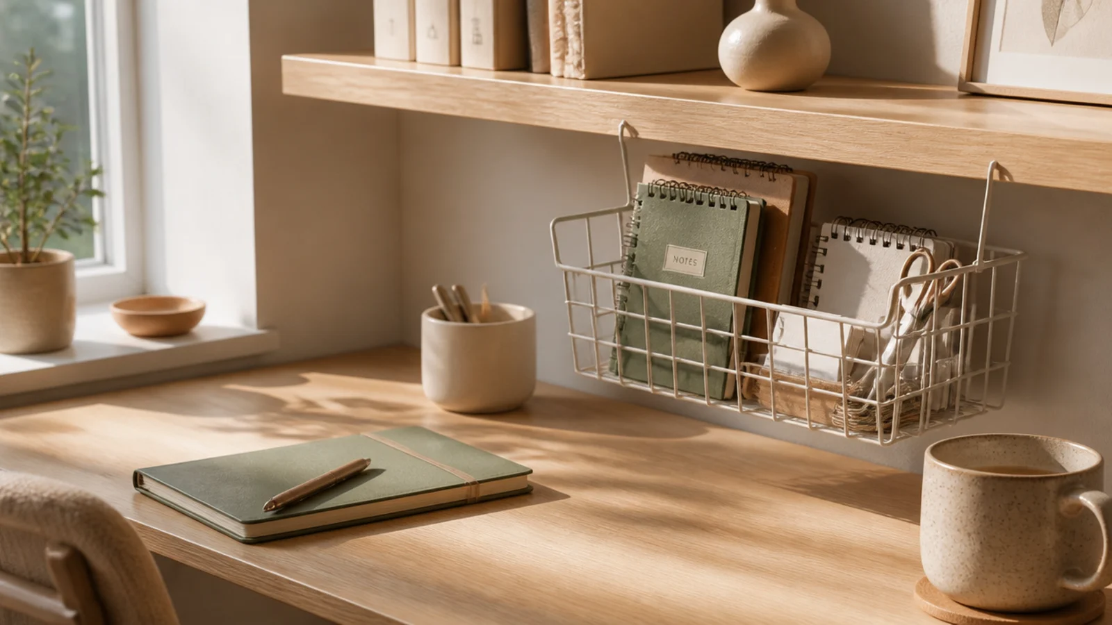 A wire basket clipped onto the underside of a shelf above a desk, holding notebooks and small supplies.