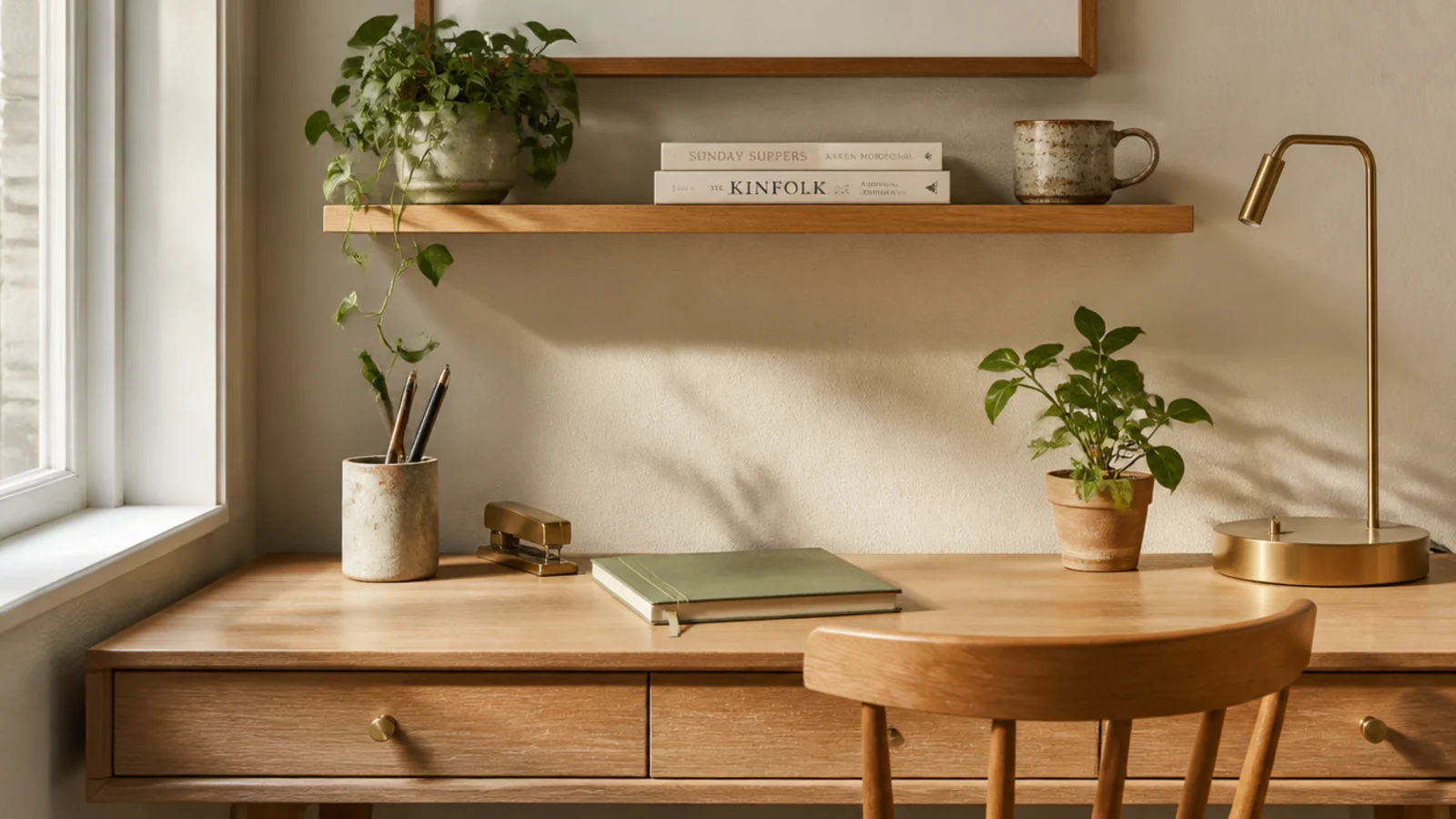 A slim floating wooden shelf mounted on the wall above a small desk, holding a plant, a few books, and a cup.