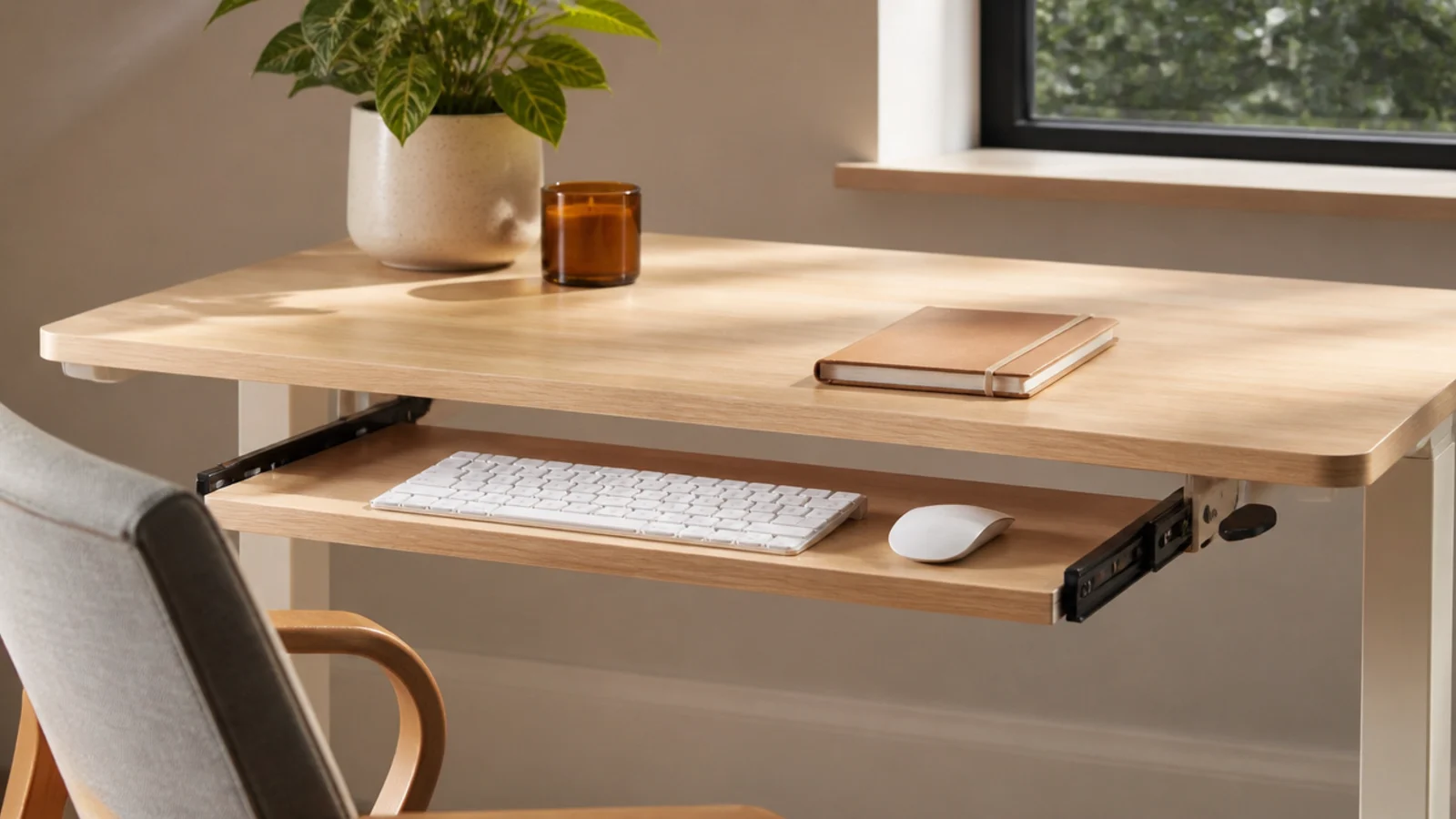 A slim keyboard tray mounted under a small desk, pulled out to show the keyboard, leaving the desktop clear.