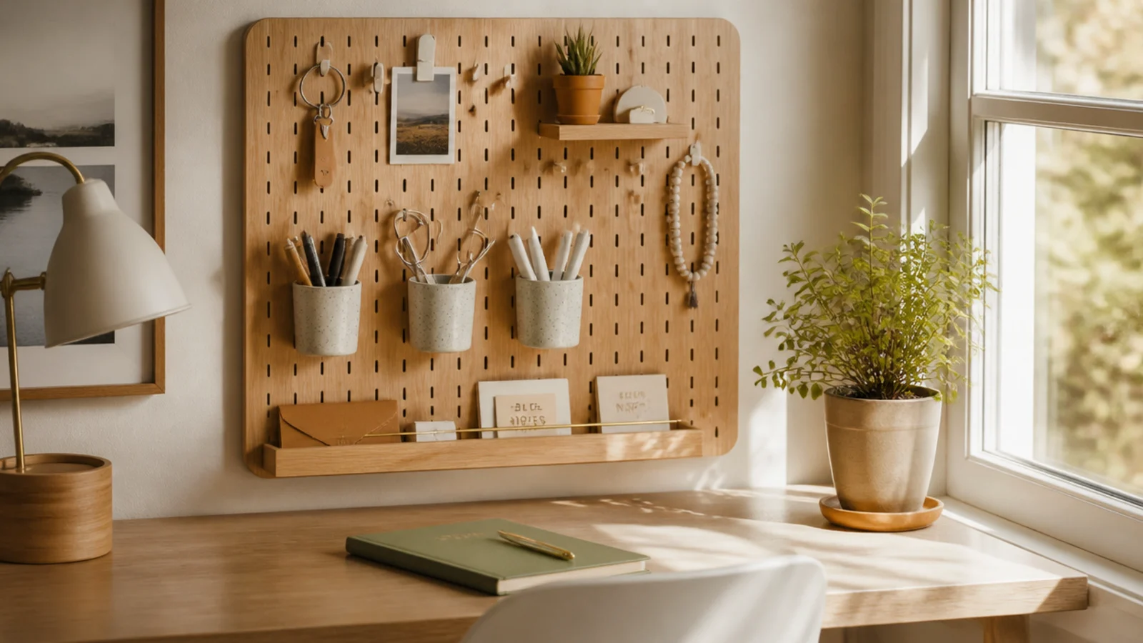 A compact pegboard on the wall behind a small desk holding hooks, small cups, and a tiny shelf of supplies.