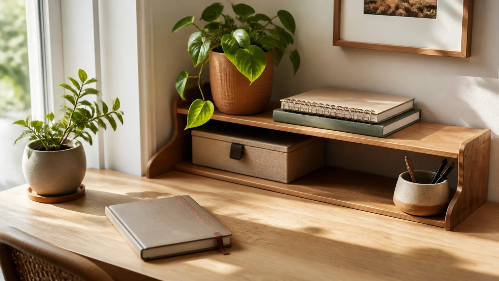 A small tiered riser fitted into the back corner of a desk, holding a plant and a stack of notebooks.