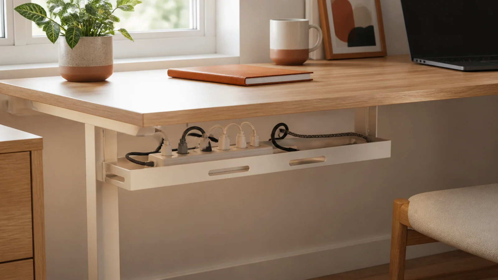 A small cable tray mounted under a compact desk holding a power strip and bundled cables off the floor.