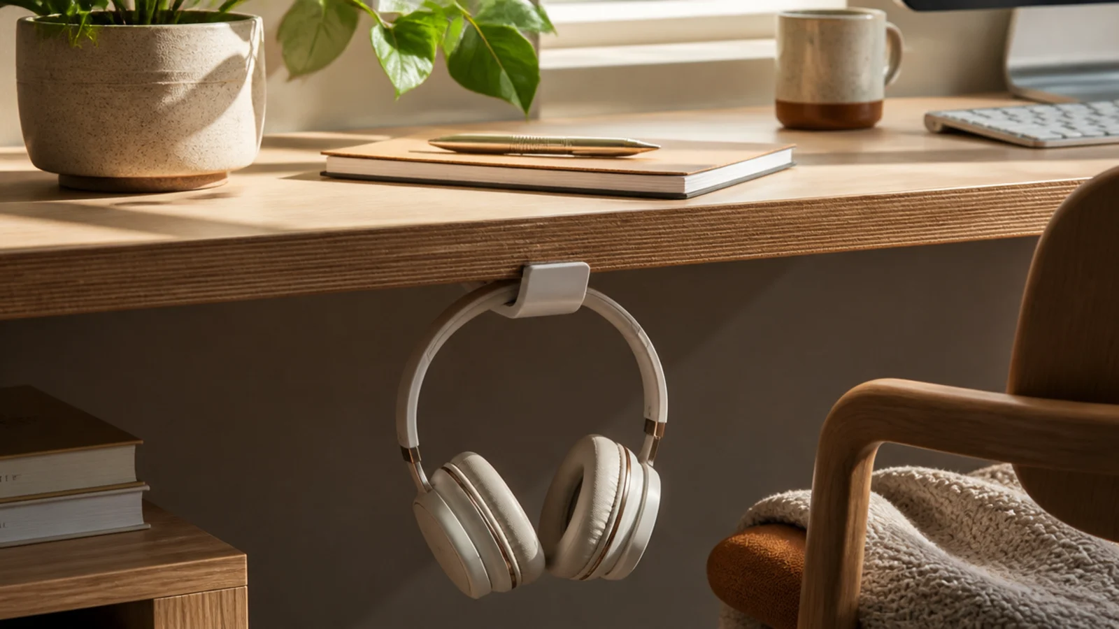 A small adhesive hook under the edge of a desk holding a pair of over-ear headphones out of sight.