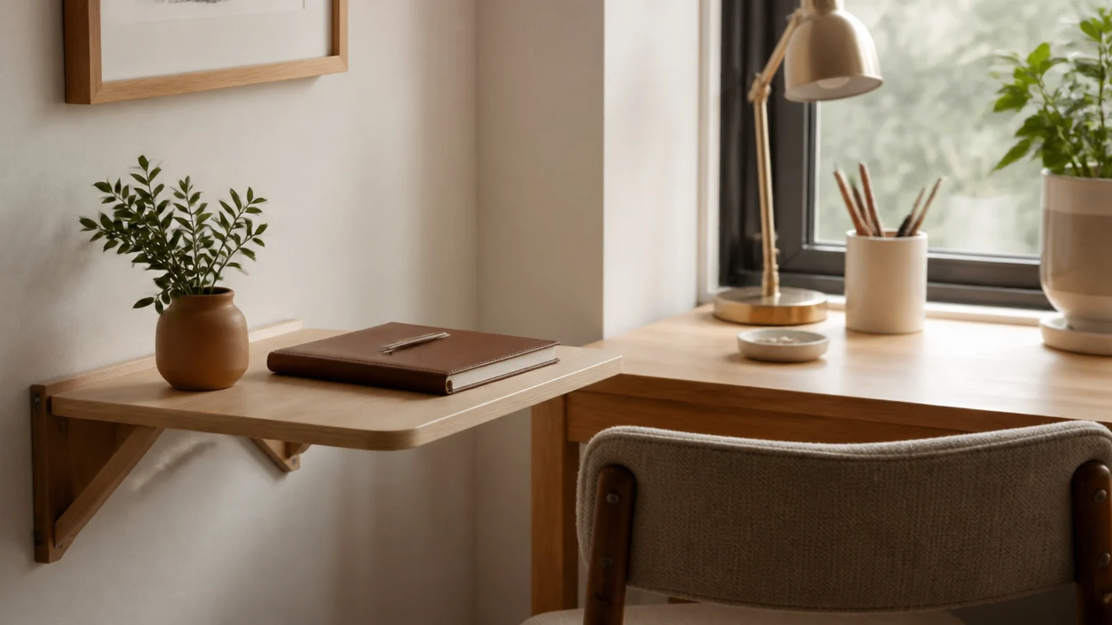 A small fold-down drop-leaf shelf mounted on the wall beside a desk, extended to add a little extra surface.